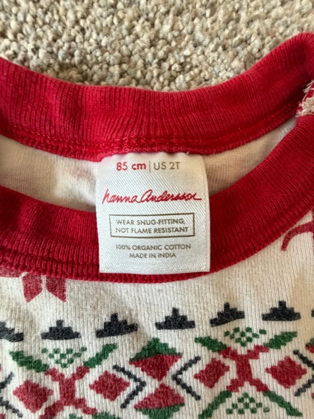 Hanna Andersson Long John Pajama Set in Dear Deer Red White Fair Isle Size 2